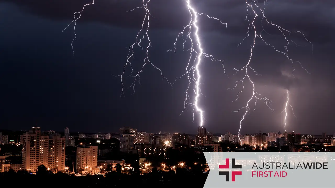 Lightning strikes over a city